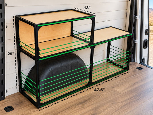 camper van wheel well shelving diy