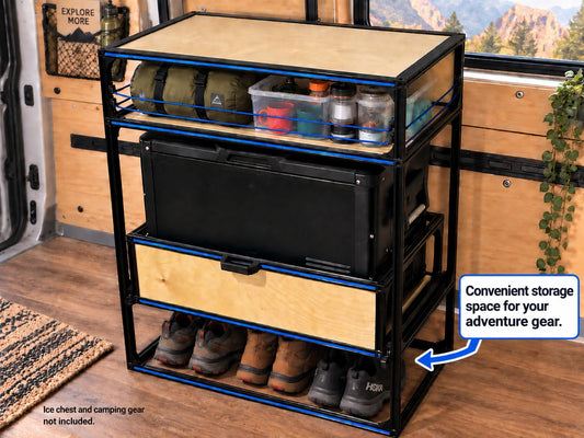 van camping kitchen countertop and with shoe storage inside van with plant and wood floors and walls