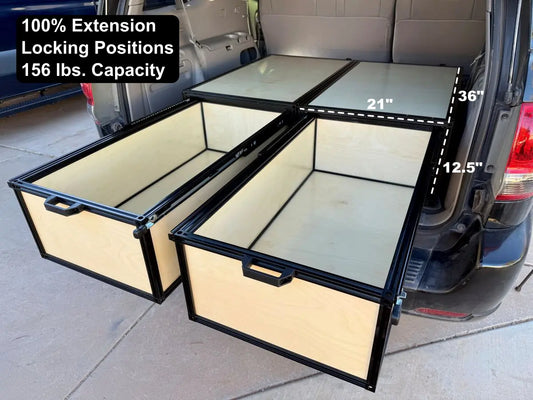 two cargo drawers fully extended in the back of an SUV