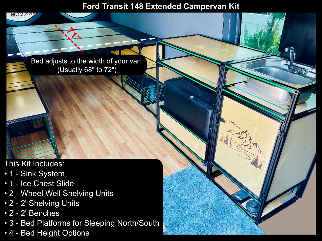 ford transit 148 extended camper van bed kitchen