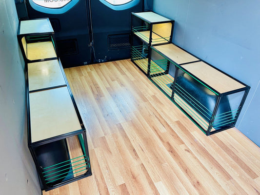 Van Wheel Well Bench & Shelving Set For Extended Vans - Camper Van Conversion DIY Kit