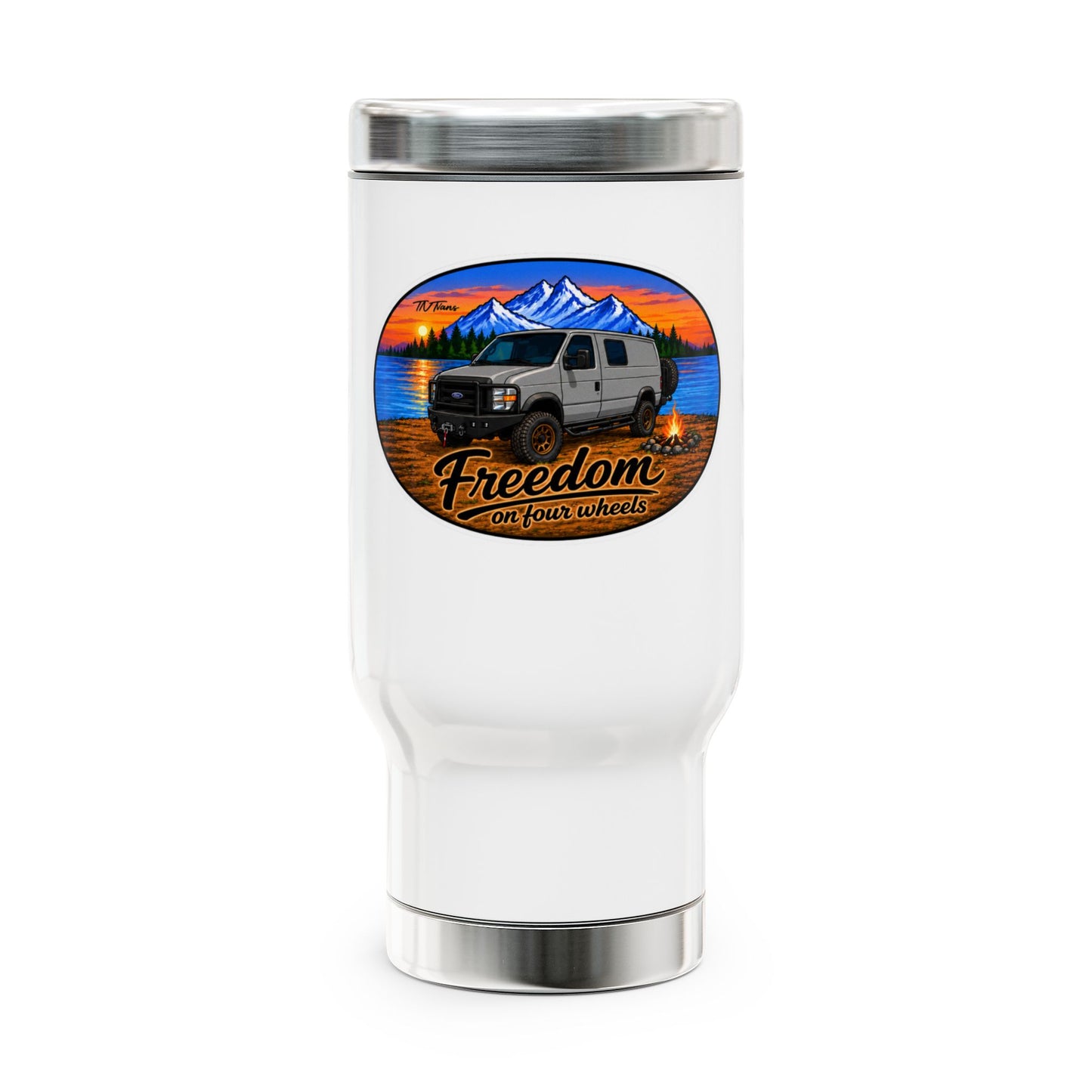 Ford Econoline Merchandise Freedom on Four Wheels Stainless Steel Travel Mug with Handle, 14oz