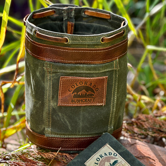 Settlers Collection:  Waxed Canvas and Leather Prairie Bucket Bushcraft Survival Camping Possibles Dopp Grooming