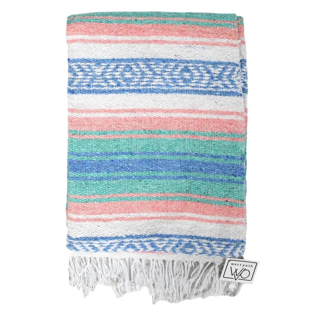 Mint, Blue & Coral Peach Mexican Falsa Blanket