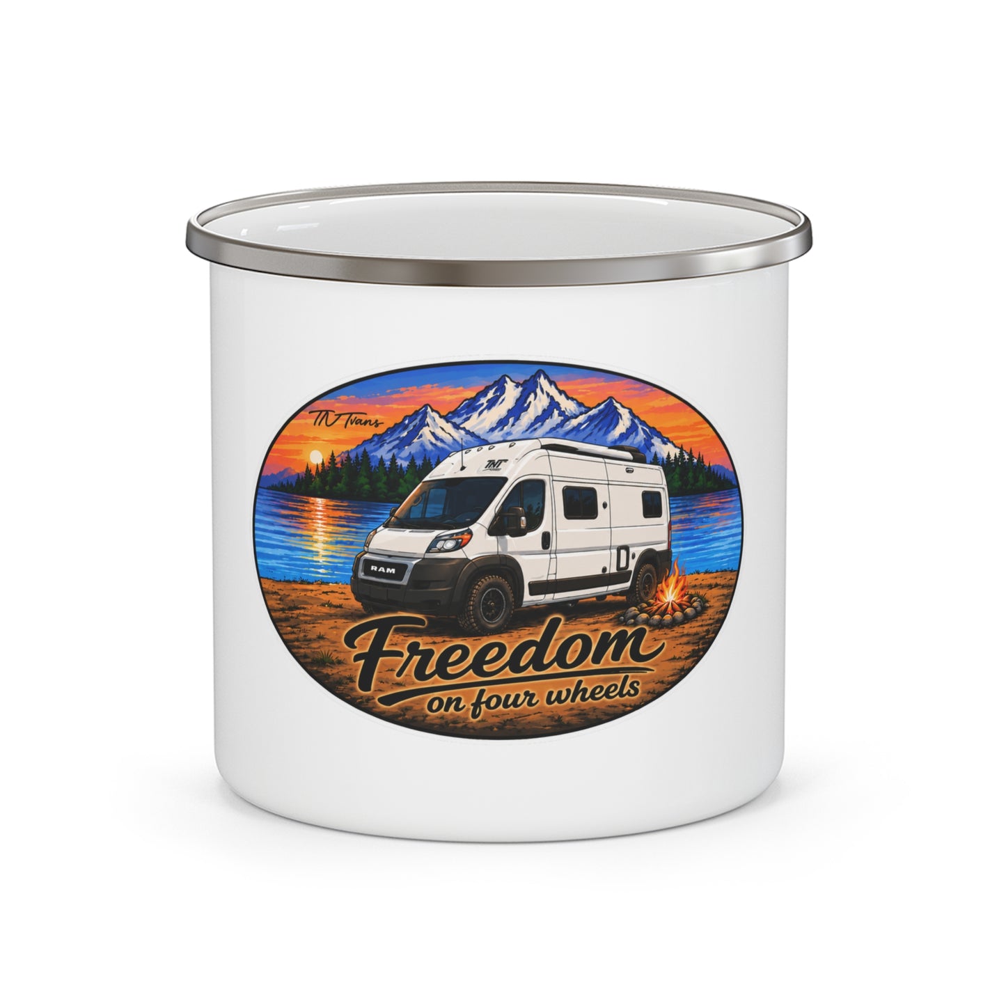 Ram ProMaster Merchandise Freedom on Four Wheels Enamel Camping Mug