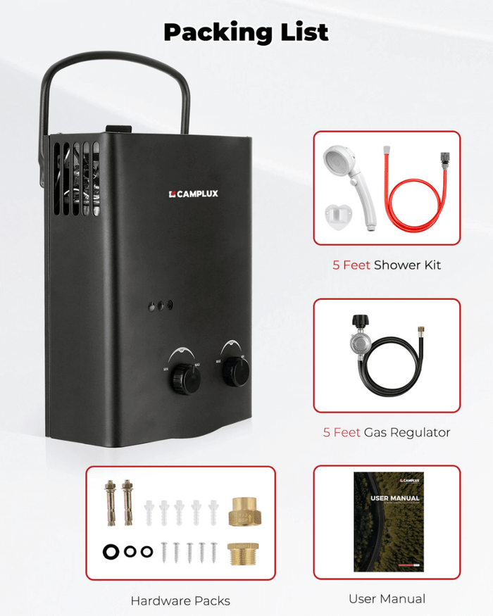 Camplux 5L 1.32 GPM Outdoor Portable Propane Tankless Water Heater - Black