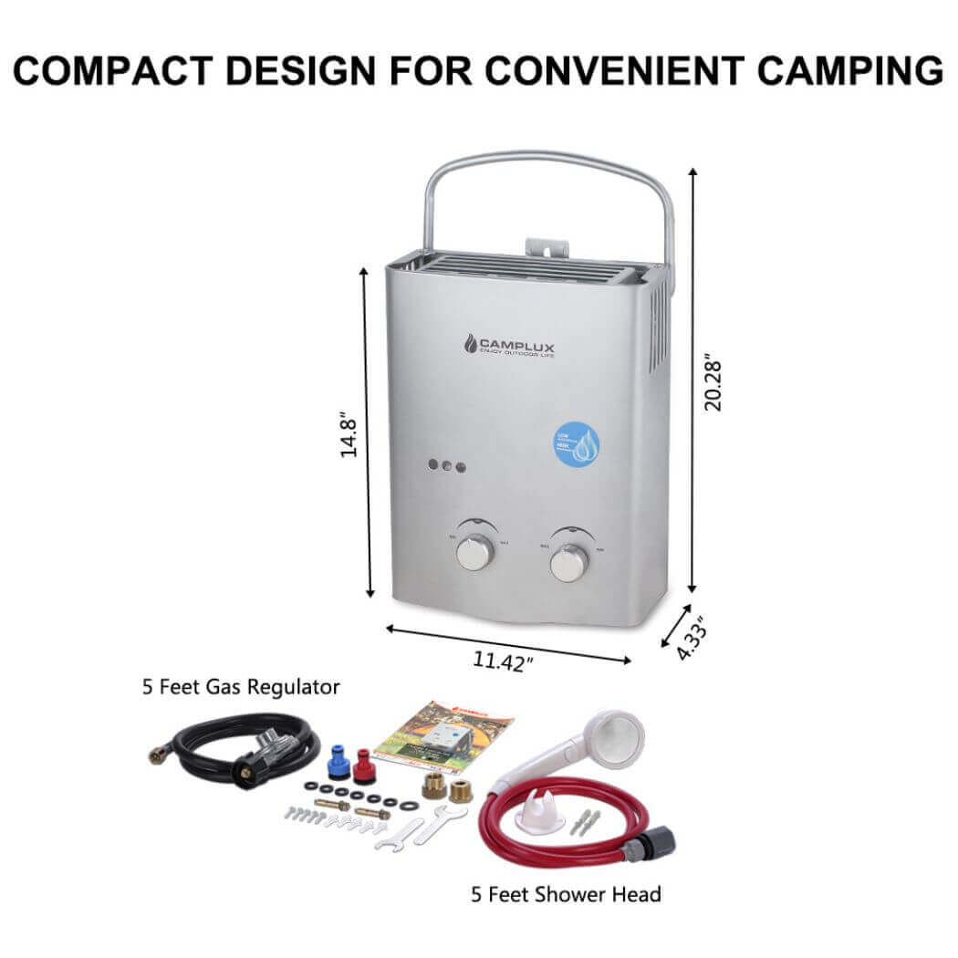 Camplux 5L 1.32 GPM Outdoor Portable Propane Tankless Water Heater - Silver