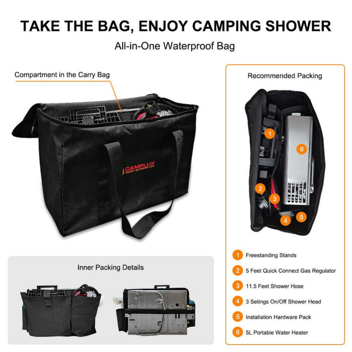 Camplux Outdoor Portable Water Heater w/ Stand & Storage Bag - Silver