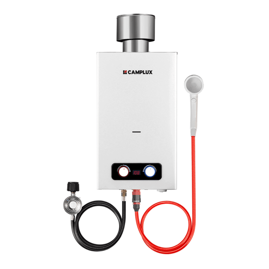 Tankless Water Heater, Camplux 2.64 GPM Outdoor Propane Gas Water Heater with 4.33" Rain Cap, Camping Shower, White