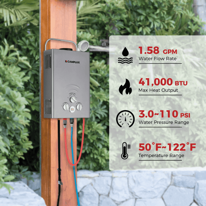 Portable Water Heater,Camplux Tankless Water Heater Propane,1.58 GPM On Demand Water Heater,Outdoor Gas Water Heater,Gray