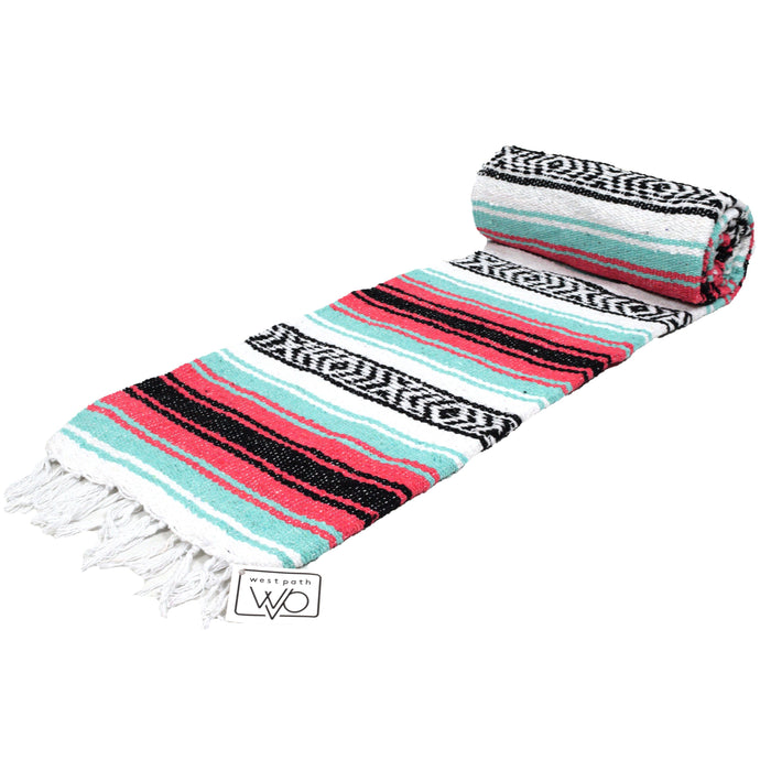 Seafoam Green & Coral Mexican Falsa Blanket