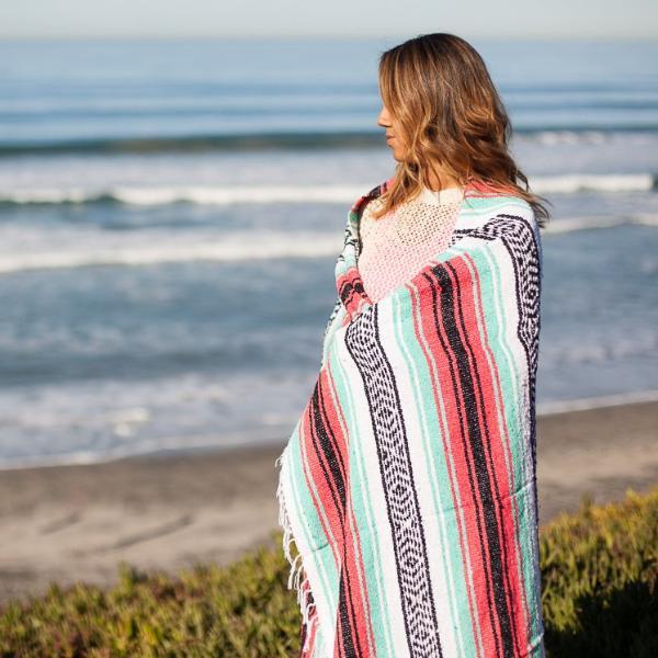 Seafoam Green & Coral Mexican Falsa Blanket