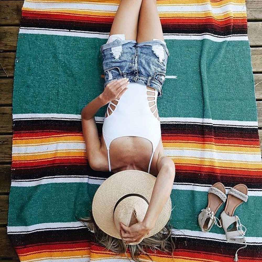 Handmade Mexican Yoga Blanket | Turquoise Sunset Baja Diamond