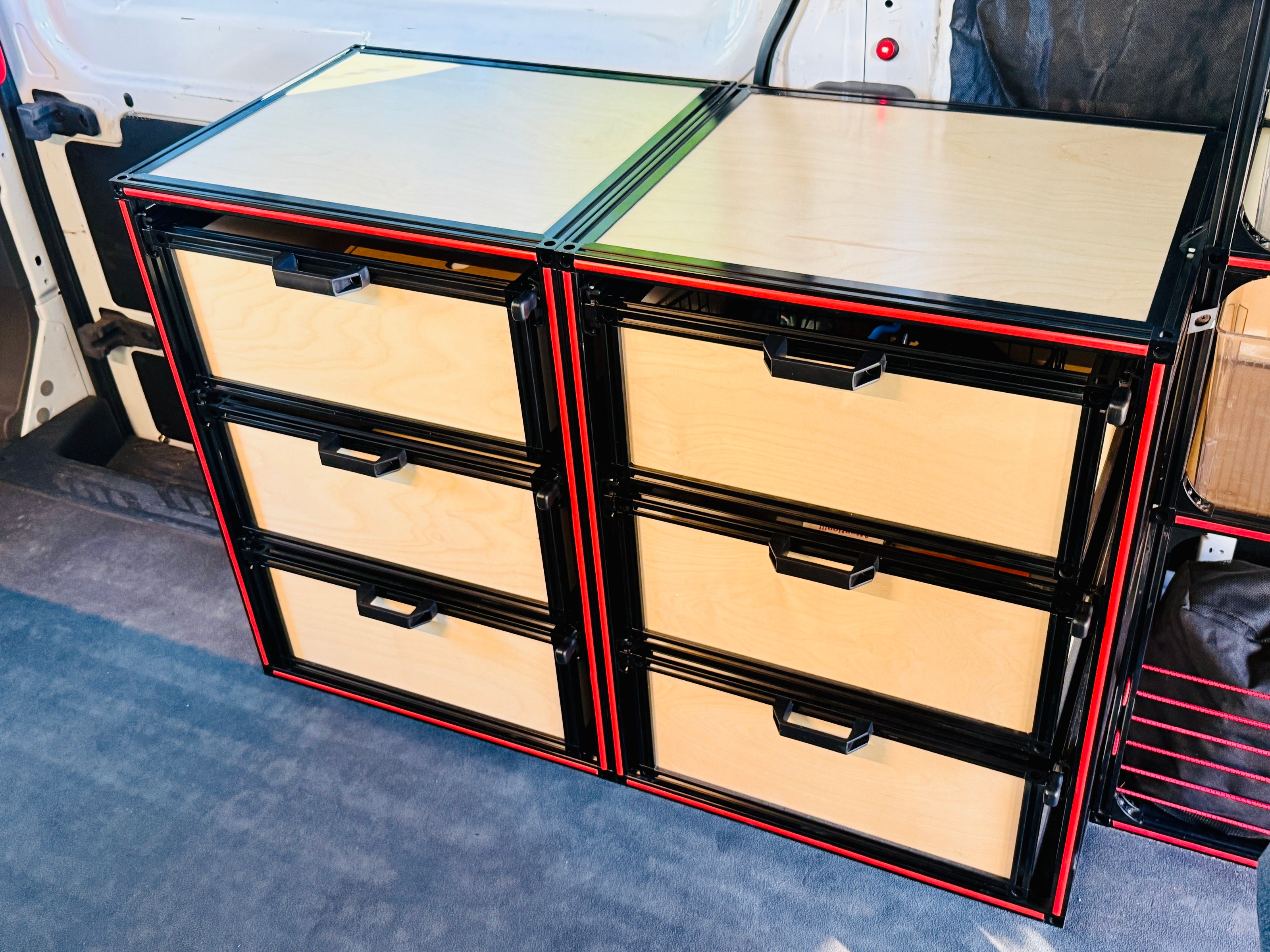 camper van drawers with red trim