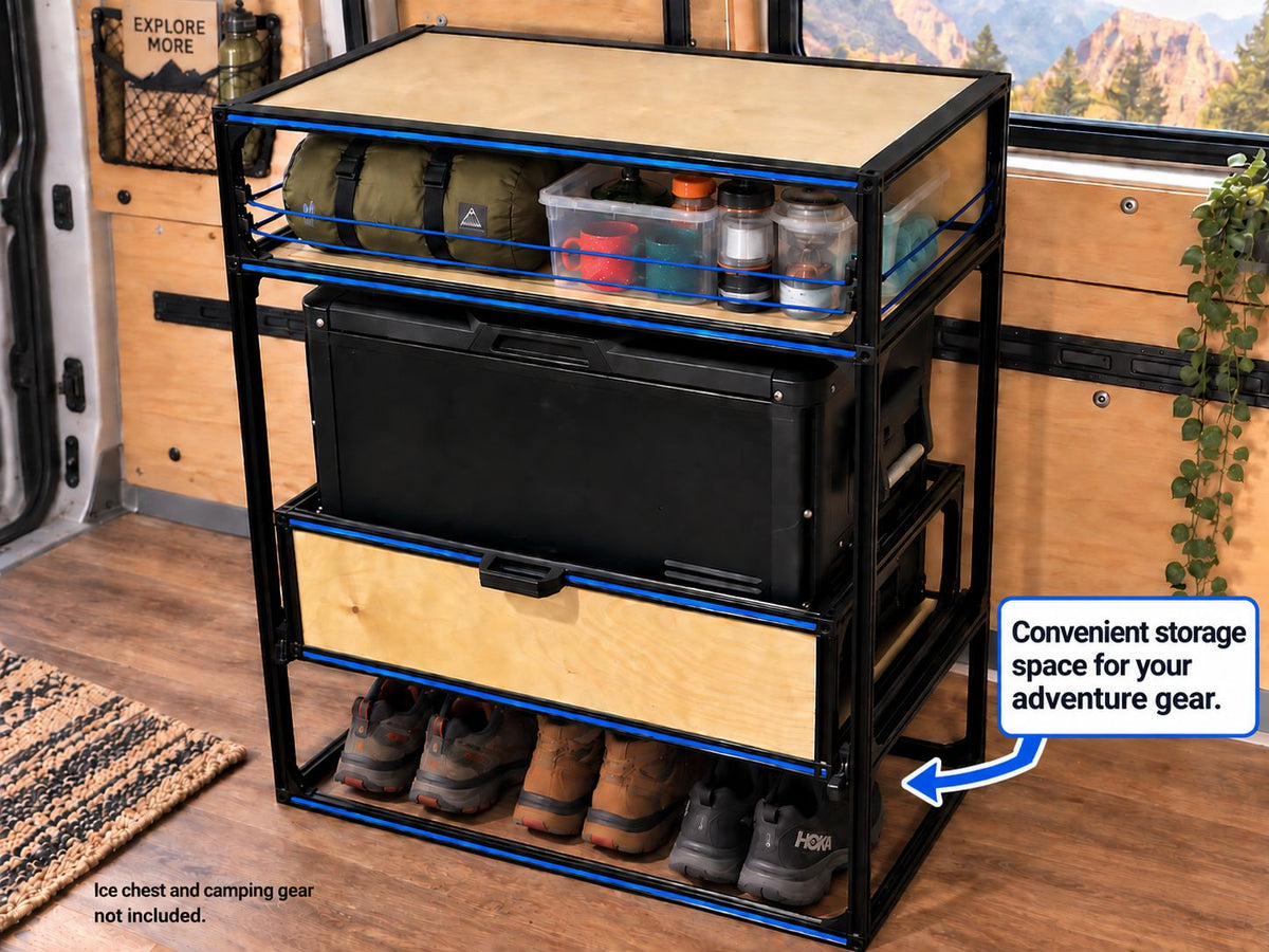van camping kitchen countertop and with shoe storage inside van with plant and wood floors and walls
