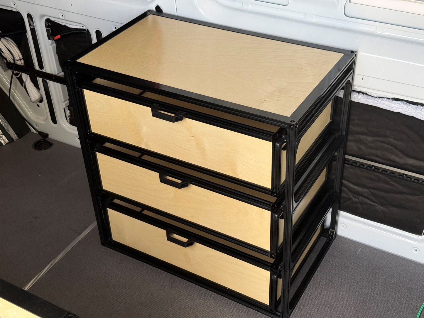 3 dresser drawers in white campervan