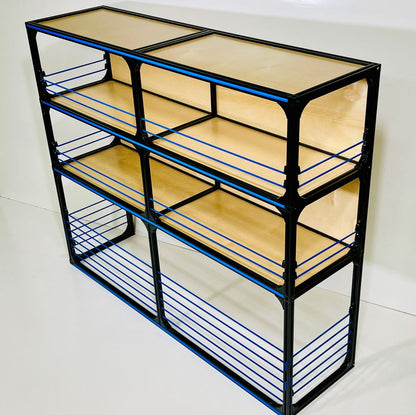 blue wheel well shelving for work van and camper van