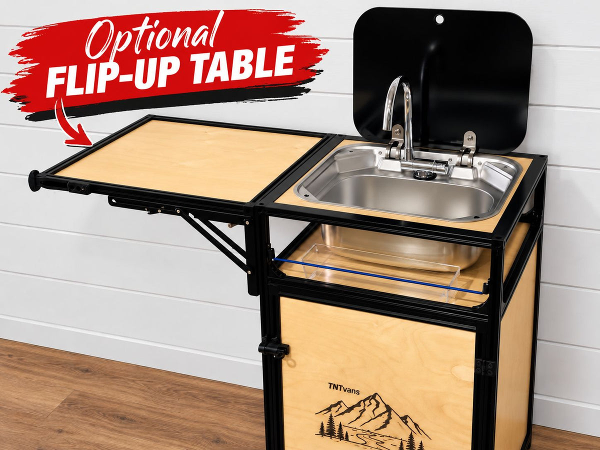 flip up table on a camper van conversion sink system
