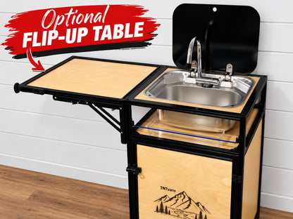 flip up table on a camper van conversion sink system