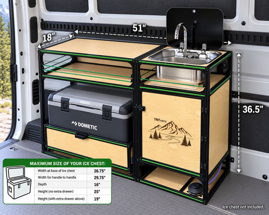 camper van sink and ice chest storage in a white van with a grey floor