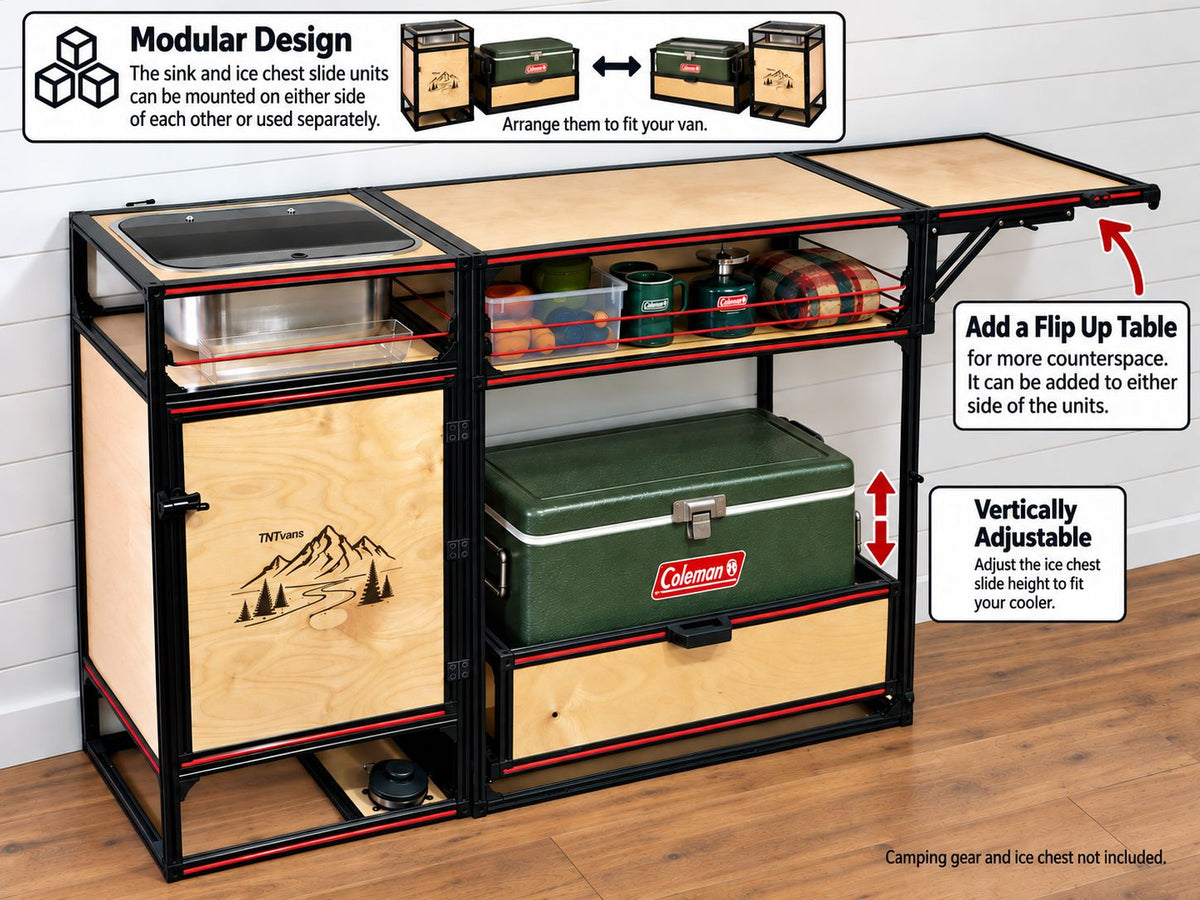 camper van sink galley system with ice chest and counter top with white walls and wood floors