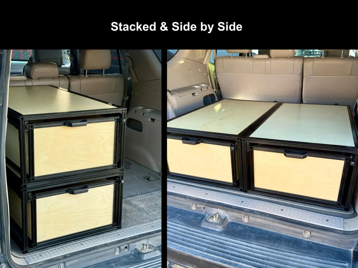 Two views of stacked storage boxes in a vehicle's cargo area with text 'Stacked & Side by Side'.