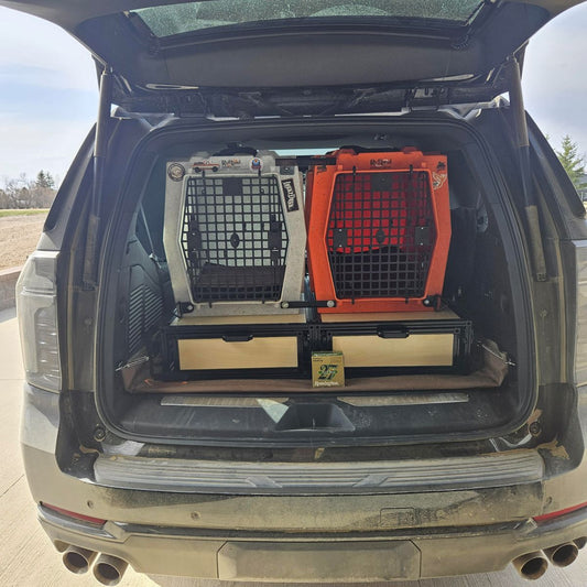 Two dog crates, one silver and one orange, mounted inside the open trunk of a beige SUV drawers in chevrolet tahoe outdoors.