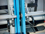 cargo trailer drop down ladder rack, triple with mounted 2 Werner fiberglass ladders