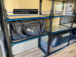 camper van diy conversion shelving and cabinets with duffel bag