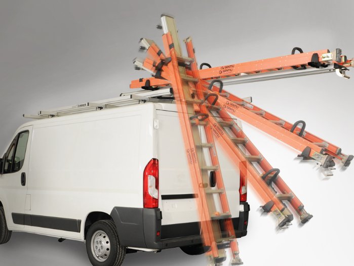 ford transit drop down ladder rack, in motion, rear view