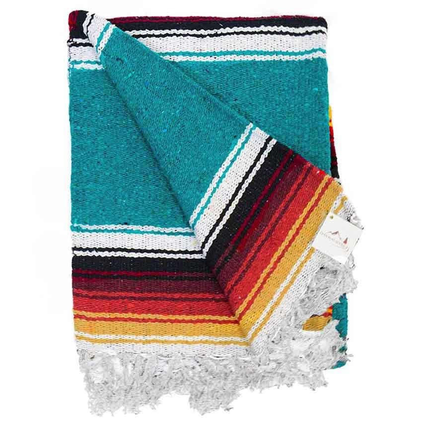 Handmade Mexican Yoga Blanket | Turquoise Sunset Baja Diamond