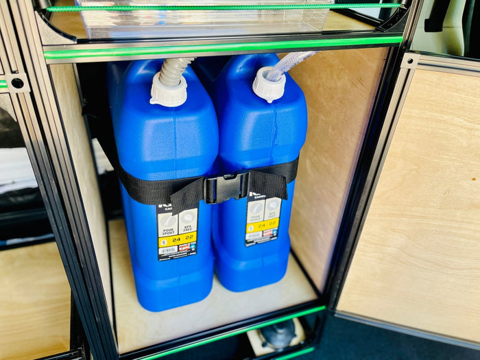 mercedes sprinter van sink system, open cabinet, blue fresh and grey water tanks