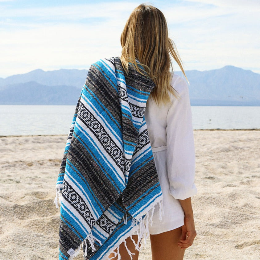 Bright Blue Mexican Falsa Blanket