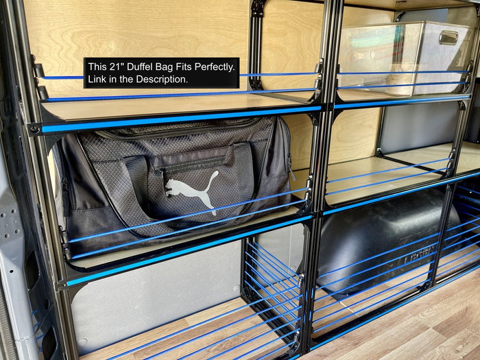 Nissan NV camper van diy conversion shelving with duffel bag, front view