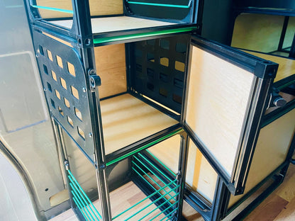 side MOLLE block of panels for shelving in campervan - front door open