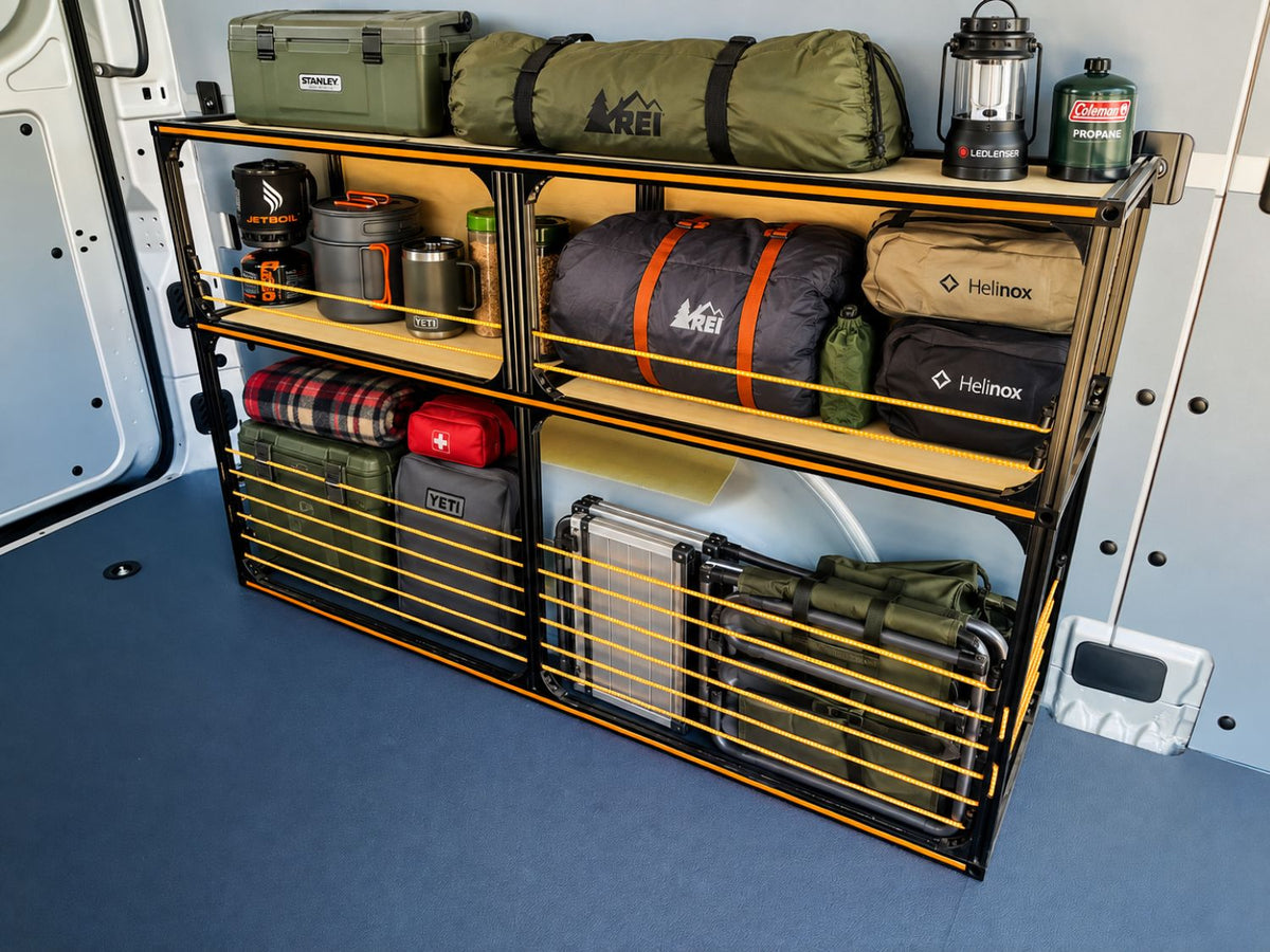 camper van shelving with gear loaded in a white van