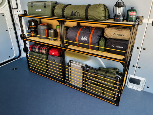 camper van shelving with gear loaded in a white van