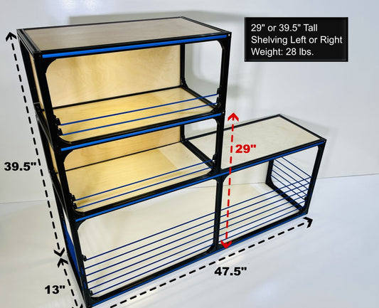 camper van wheel well bench and shelving, front, blue trim