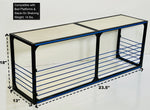 van wheel well storage bench, dimensions, front, blue trim