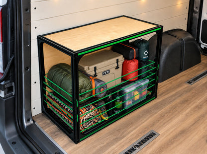 camper van conversion bench inside of van with wood floors and white walls