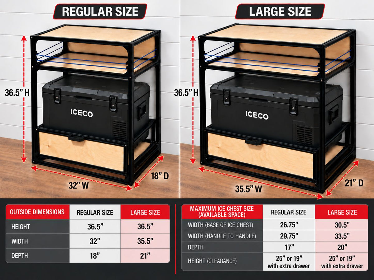 A size comparison graphic showing two campervan ice chest slide for kitchen kit with wood shelves, labeled Regular Size and Large Size, with dimensions marked in red and a table of measurements at the bottom.