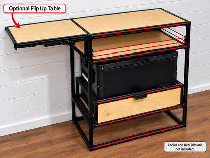 camper van conversion storage unit with ice chest and flip up table on wood floor next to white wall