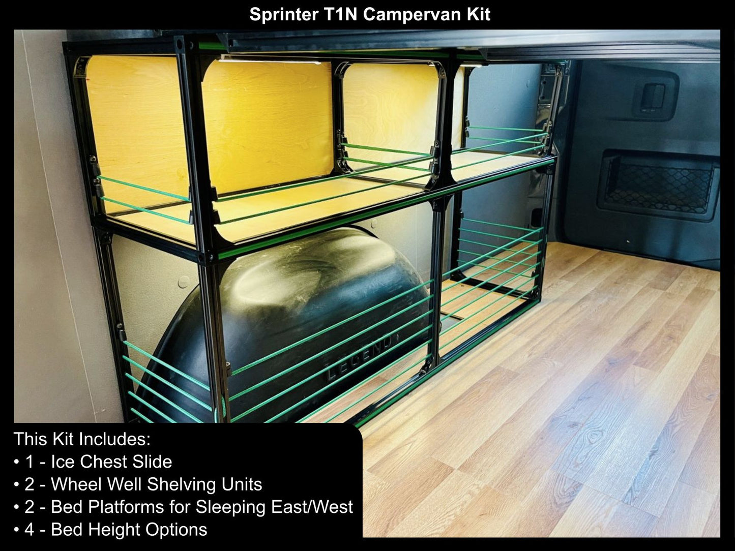 Sprinter T1N Campervan Kit with shelves and ice chest slide inside a van.
