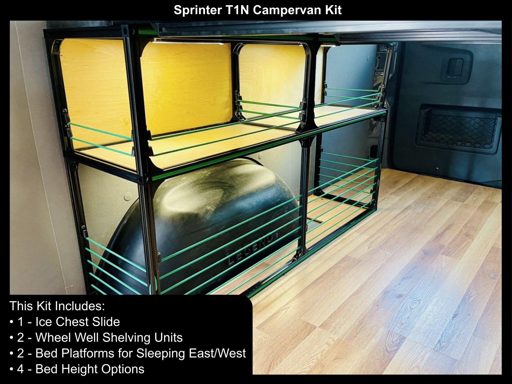 Sprinter T1N Campervan Kit with shelves and ice chest slide inside a van.