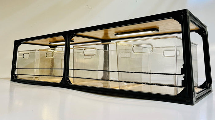 Van Overhead shelving with Black Trim and Clear Bins