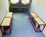 Wheel well bench area for camper van conversion.