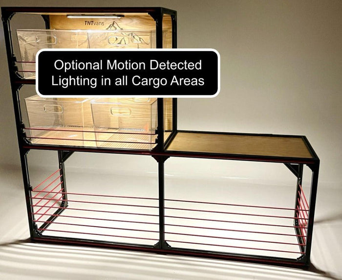 Motion detected lighting on shelving units for camper van conversion.
