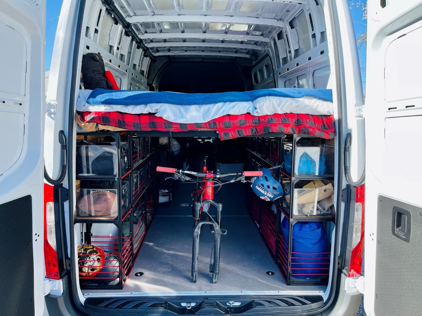 Mercedes Sprinter 144 Camper Van Conversion Kit Mountain Bike Under Bed In Aisle - Back