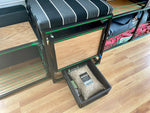 camper van toilet slide storage area with boxio storage box and boxio hemp bedding